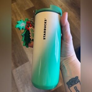 Starbucks 12 oz Mint Green Insulated Tumbler with Holly Mistletoe Charm 2024